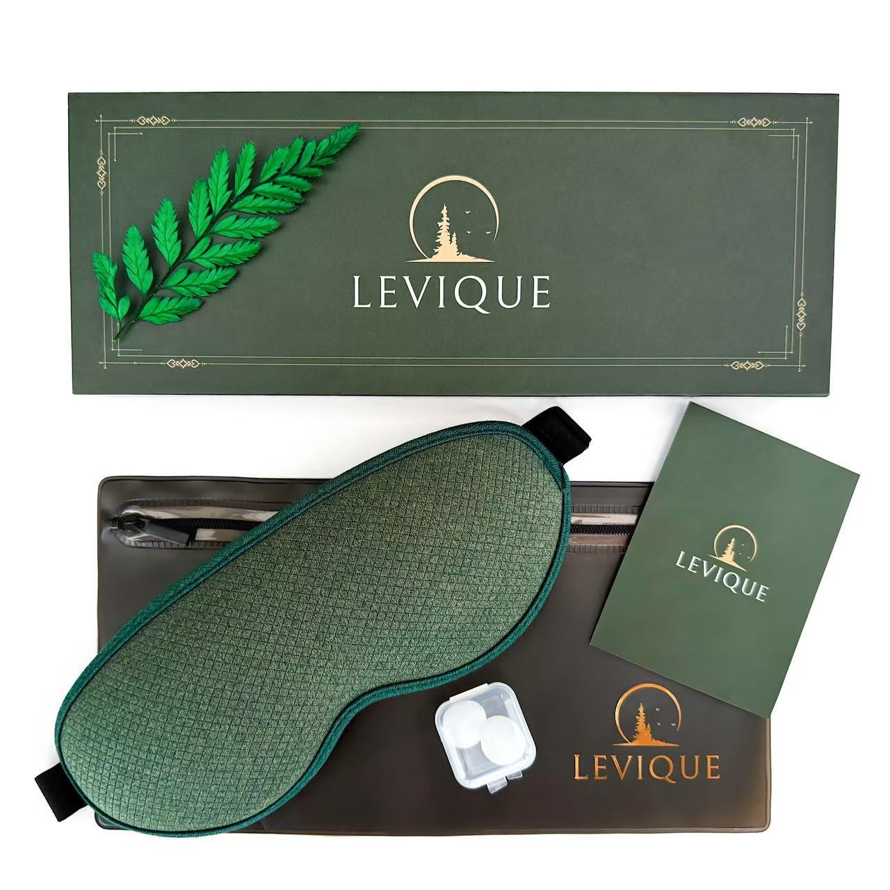 LEVIQUE Sweet Dreams Gift Set with green 3D sleep mask, silicone earplugs, EVA travel pouch, affirmation card and luxury magnetic box.
