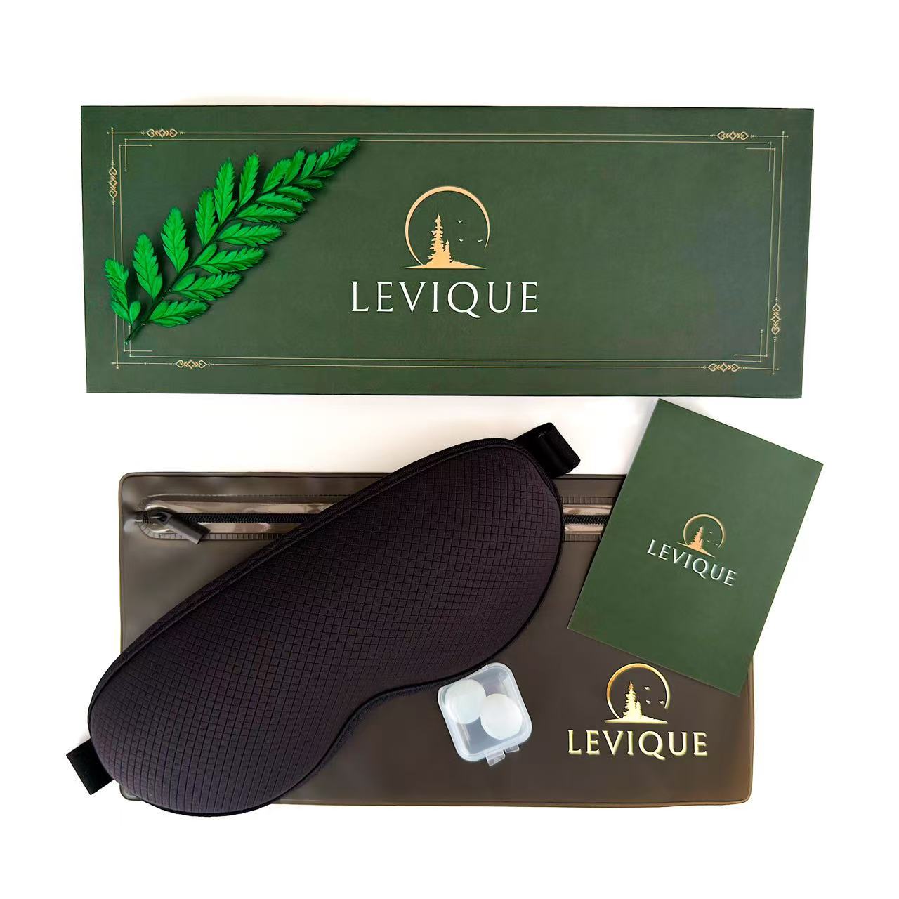 LEVIQUE Sweet Dreams Gift Set with black 3D sleep mask, silicone earplugs, EVA travel pouch, affirmation card and luxury magnetic box.