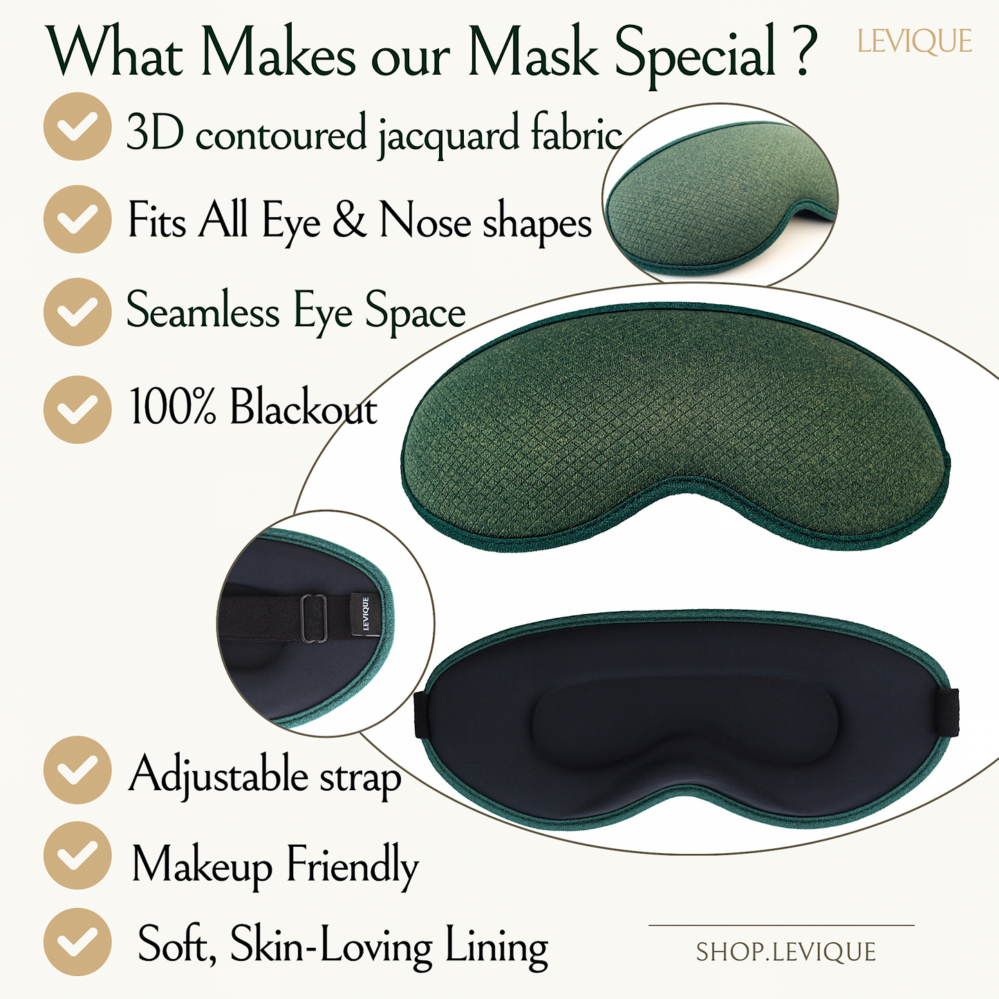 LEVIQUE 3D Jacquard Sleep Mask - Contoured Design with 100% Blackout & Adjustable strap, makeup friendly